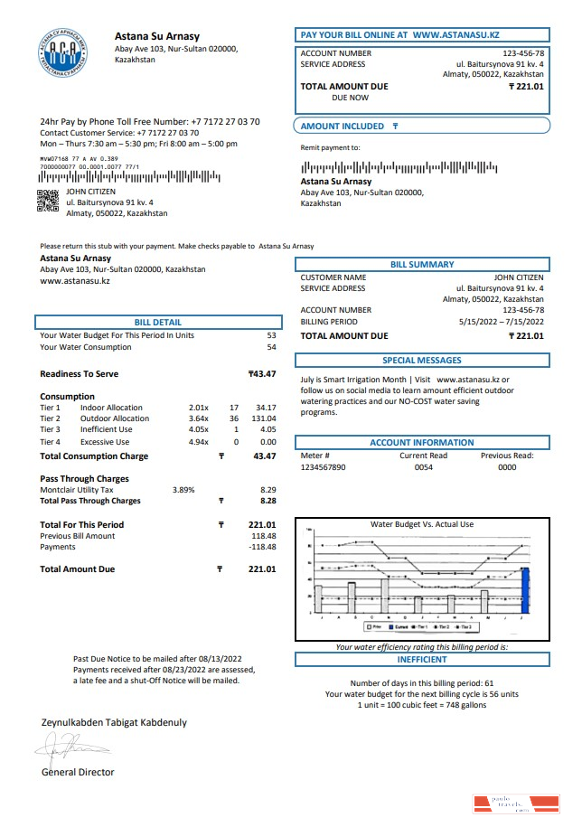 Kazakhstan Astana Su Arnasy utility bill template in Word and PDF format (.doc and .pdf)